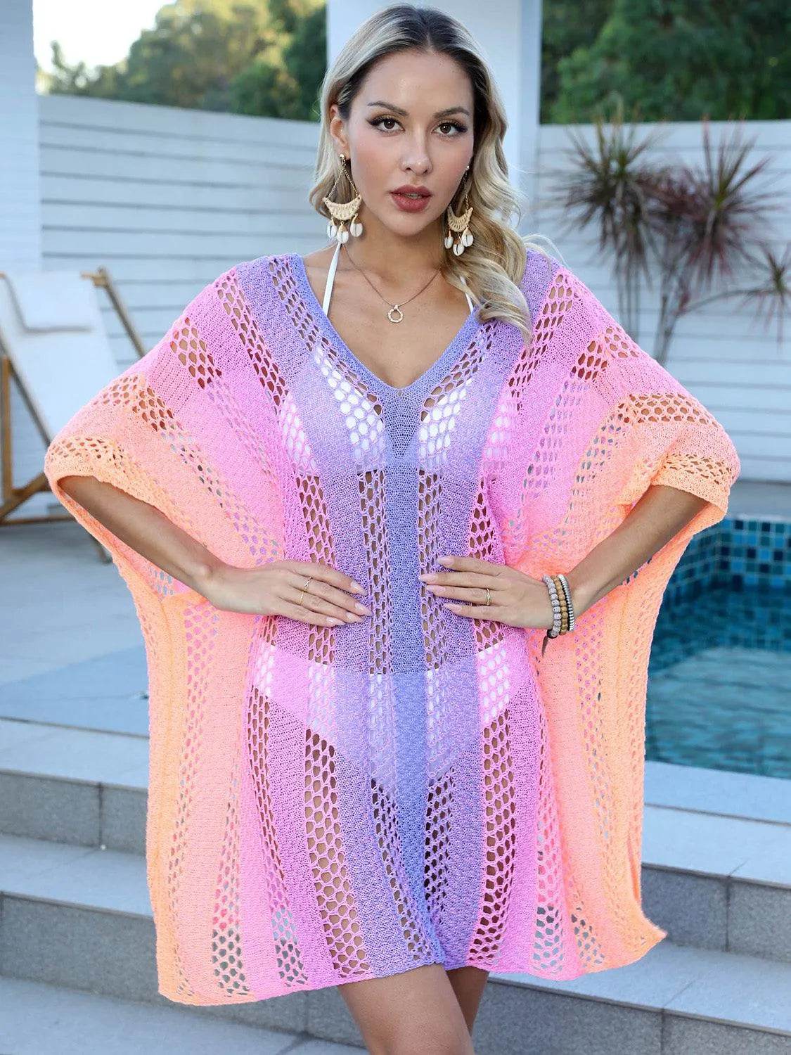 Bona Fide Fashion - Openwork Contrast V-Neck Cover-Up - Women Fashion - Bona Fide Fashion
