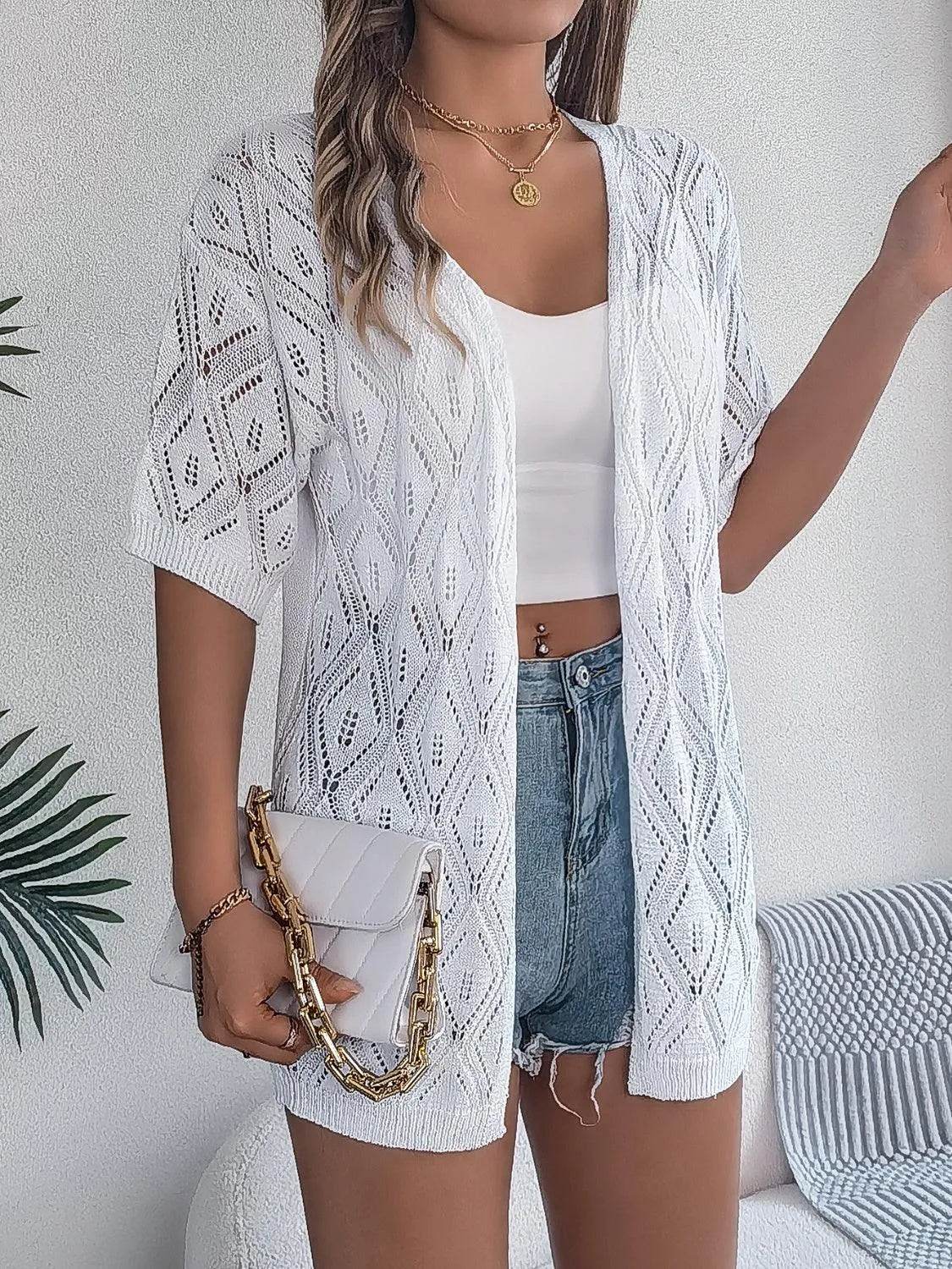 Bona Fide Fashion - Openwork Open Front Half Sleeve Cardigan - Women Fashion - Bona Fide Fashion