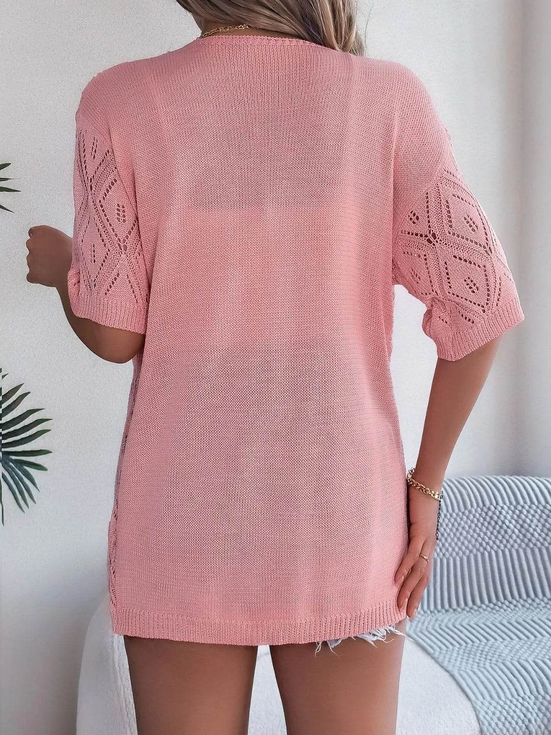 Bona Fide Fashion - Openwork Open Front Half Sleeve Cardigan - Women Fashion - Bona Fide Fashion