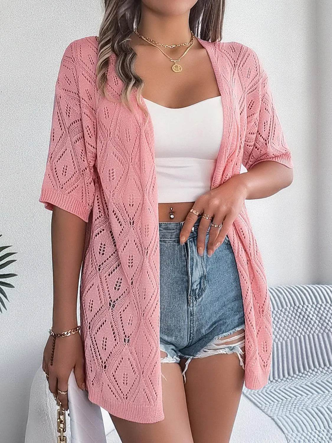 Bona Fide Fashion - Openwork Open Front Half Sleeve Cardigan - Women Fashion - Bona Fide Fashion