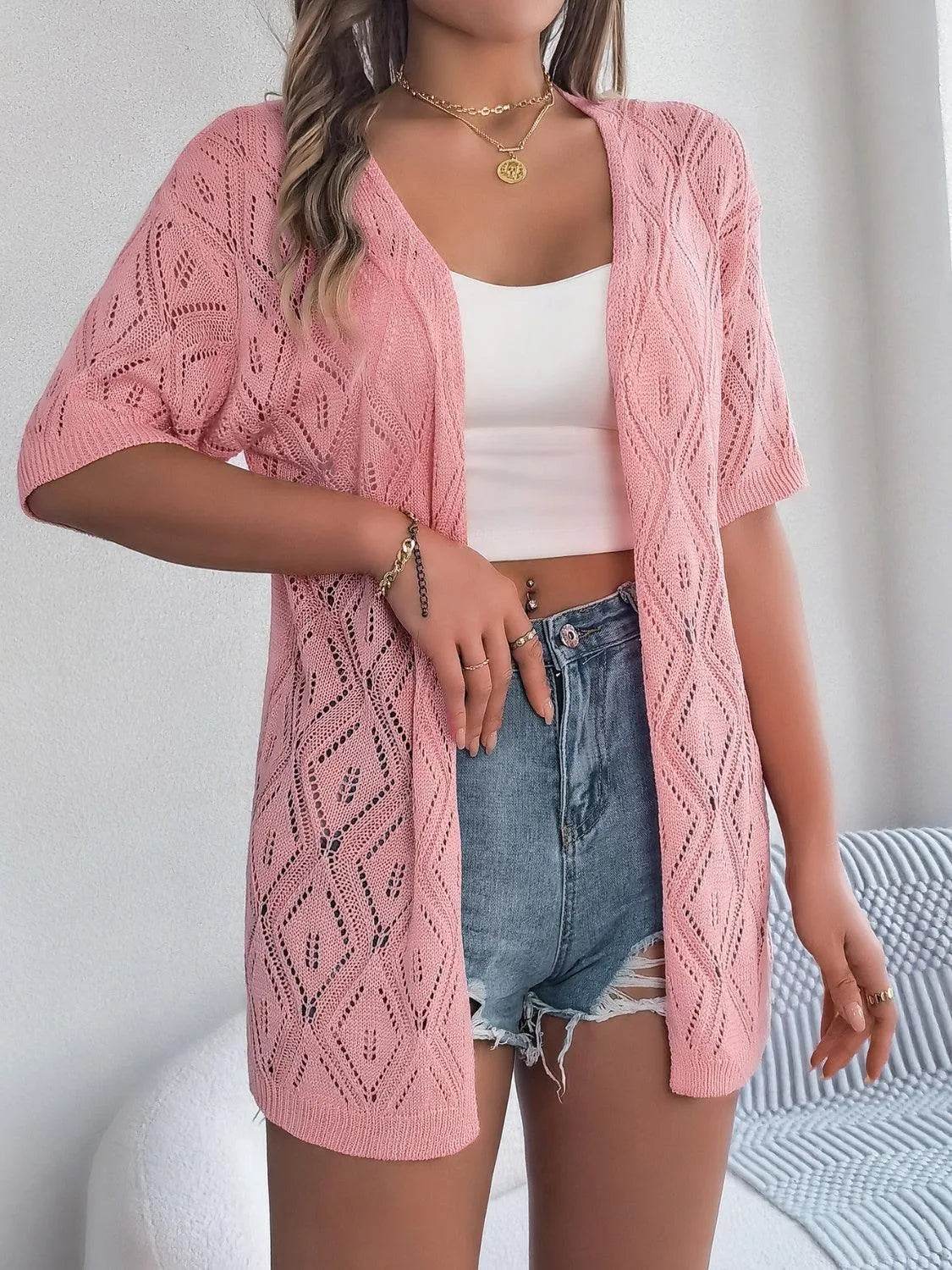 Bona Fide Fashion - Openwork Open Front Half Sleeve Cardigan - Women Fashion - Bona Fide Fashion