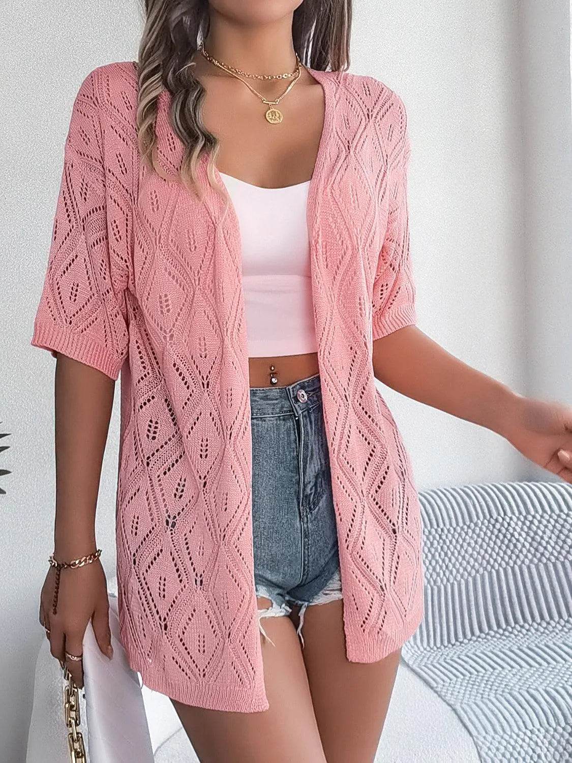 Bona Fide Fashion - Openwork Open Front Half Sleeve Cardigan - Women Fashion - Bona Fide Fashion
