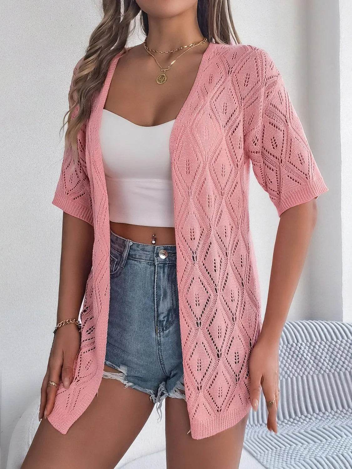 Bona Fide Fashion - Openwork Open Front Half Sleeve Cardigan - Women Fashion - Bona Fide Fashion
