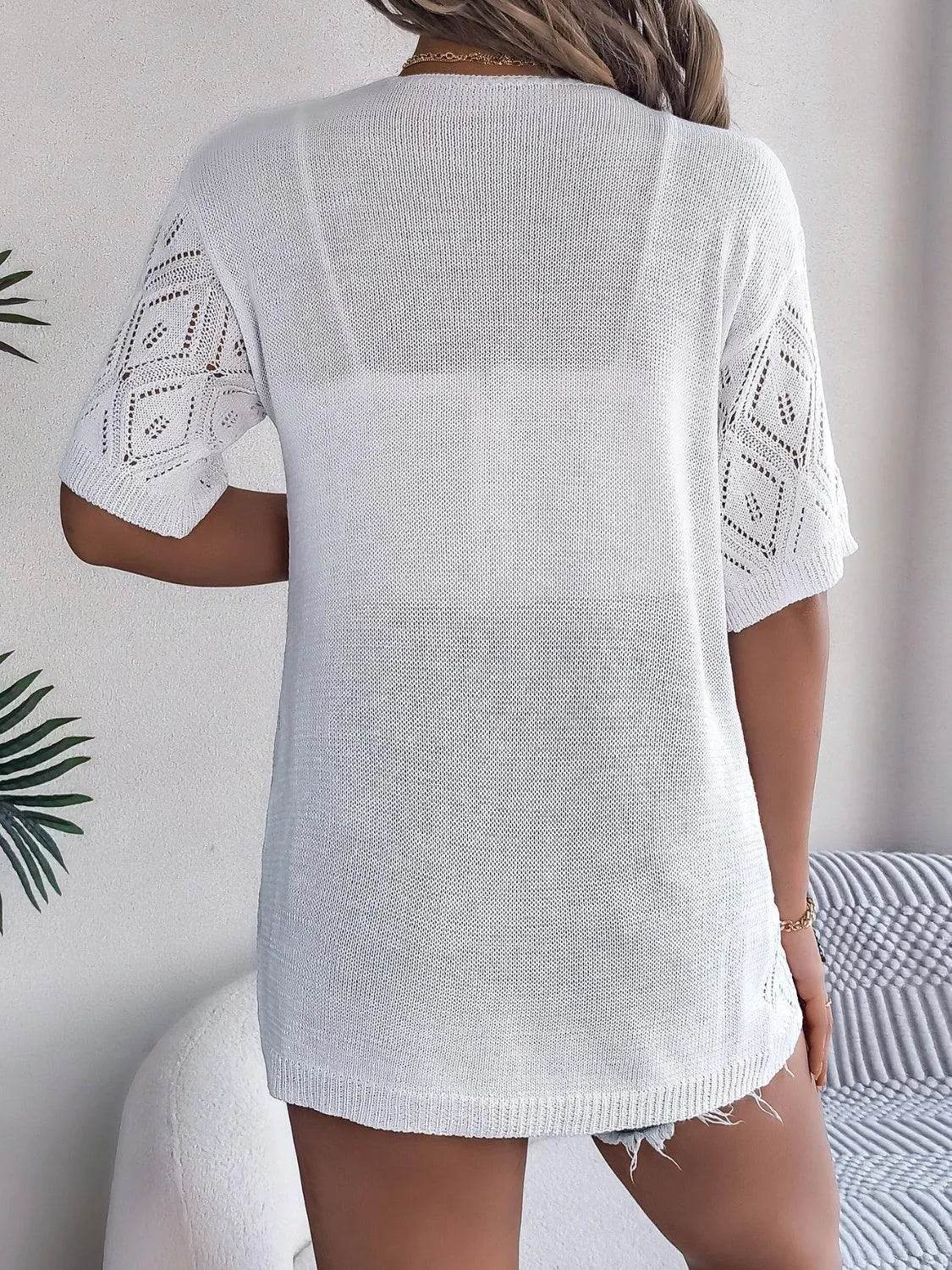 Bona Fide Fashion - Openwork Open Front Half Sleeve Cardigan - Women Fashion - Bona Fide Fashion