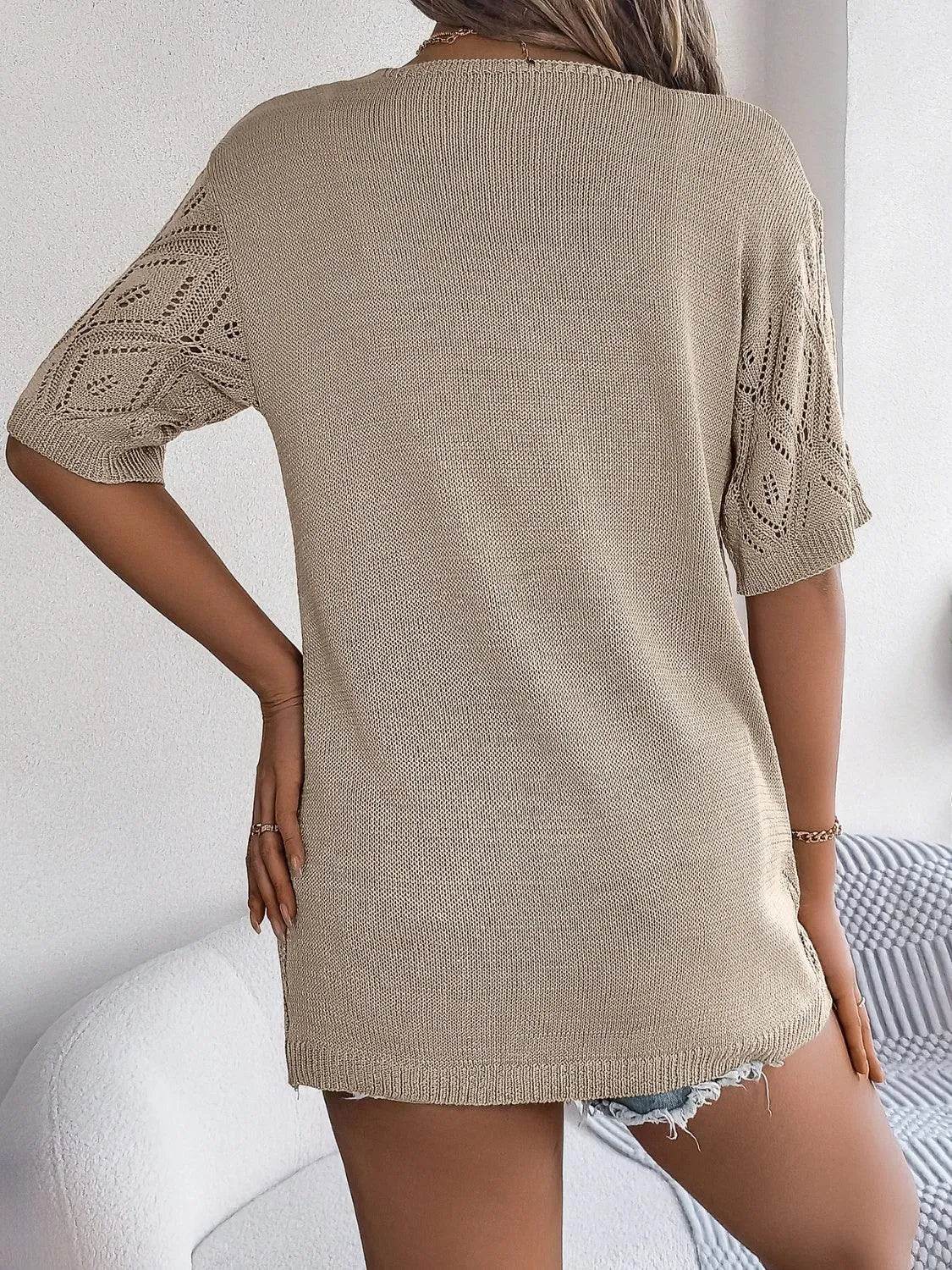 Bona Fide Fashion - Openwork Open Front Half Sleeve Cardigan - Women Fashion - Bona Fide Fashion