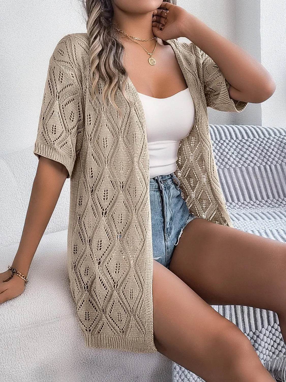 Bona Fide Fashion - Openwork Open Front Half Sleeve Cardigan - Women Fashion - Bona Fide Fashion