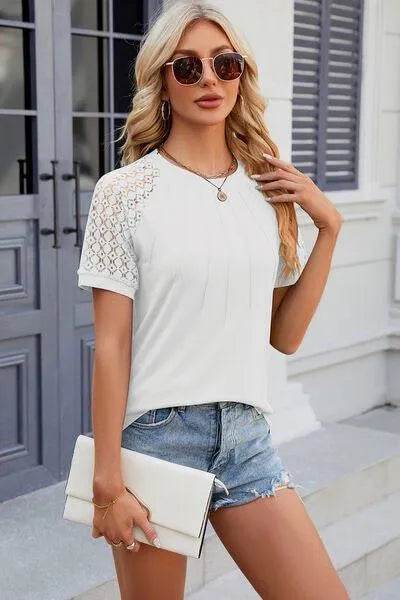 Bona Fide Fashion - Openwork Round Neck Short Sleeve T-Shirt - Women Fashion - Bona Fide Fashion