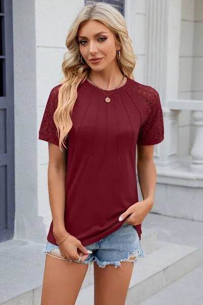 Bona Fide Fashion - Openwork Round Neck Short Sleeve T-Shirt - Women Fashion - Bona Fide Fashion