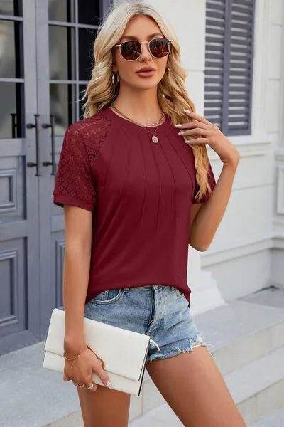 Bona Fide Fashion - Openwork Round Neck Short Sleeve T-Shirt - Women Fashion - Bona Fide Fashion