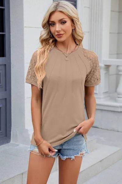 Bona Fide Fashion - Openwork Round Neck Short Sleeve T-Shirt - Women Fashion - Bona Fide Fashion