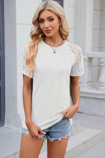Bona Fide Fashion - Openwork Round Neck Short Sleeve T-Shirt - Women Fashion - Bona Fide Fashion