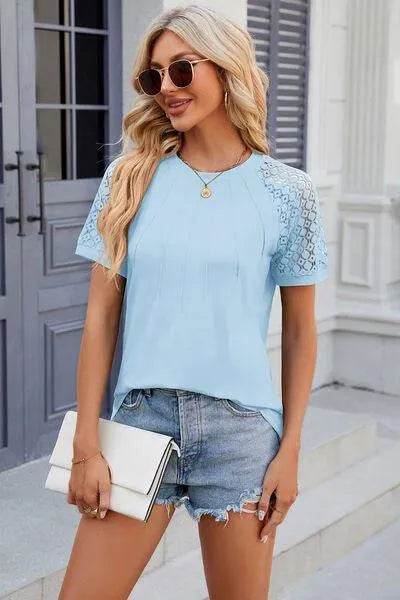 Bona Fide Fashion - Openwork Round Neck Short Sleeve T-Shirt - Women Fashion - Bona Fide Fashion