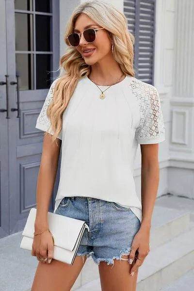 Bona Fide Fashion - Openwork Round Neck Short Sleeve T-Shirt - Women Fashion - Bona Fide Fashion