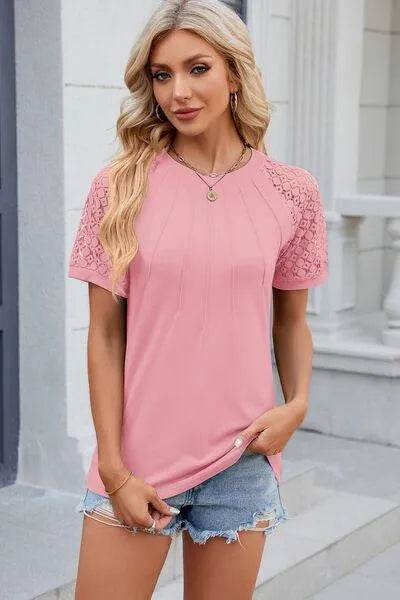 Bona Fide Fashion - Openwork Round Neck Short Sleeve T-Shirt - Women Fashion - Bona Fide Fashion