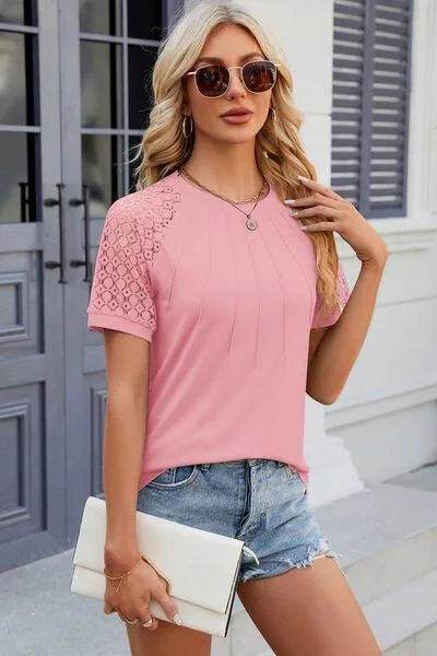 Bona Fide Fashion - Openwork Round Neck Short Sleeve T-Shirt - Women Fashion - Bona Fide Fashion