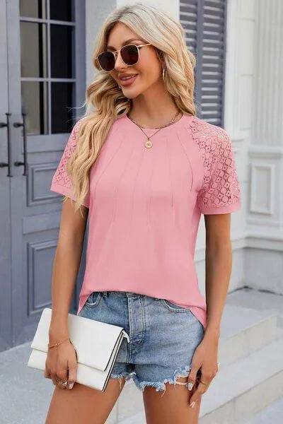 Bona Fide Fashion - Openwork Round Neck Short Sleeve T-Shirt - Women Fashion - Bona Fide Fashion