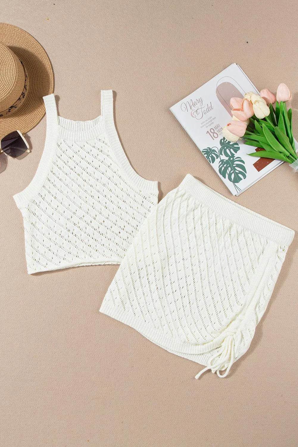 Bona Fide Fashion - Openwork Sleeveless Top and Drawstring Skirt Cover Up Set - Women Fashion - Bona Fide Fashion