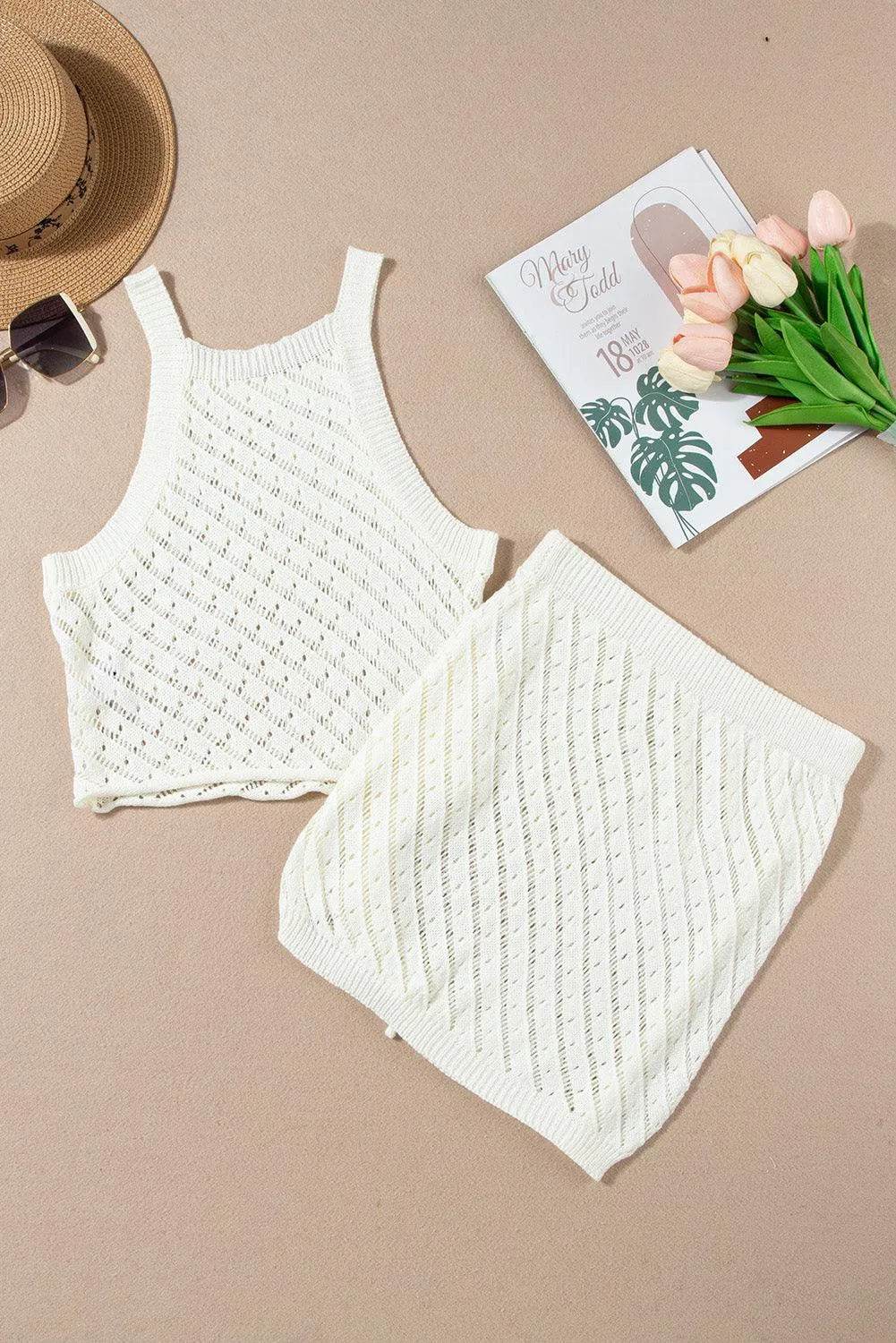 Bona Fide Fashion - Openwork Sleeveless Top and Drawstring Skirt Cover Up Set - Women Fashion - Bona Fide Fashion