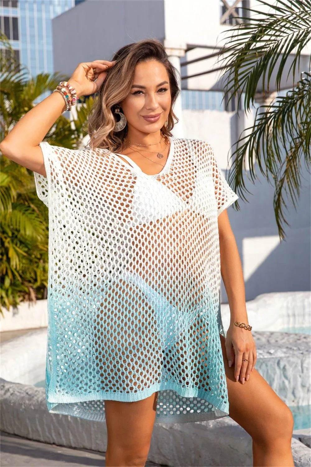 Bona Fide Fashion - Openwork Slit Gradient Scoop Neck Cover Up - Women Fashion - Bona Fide Fashion