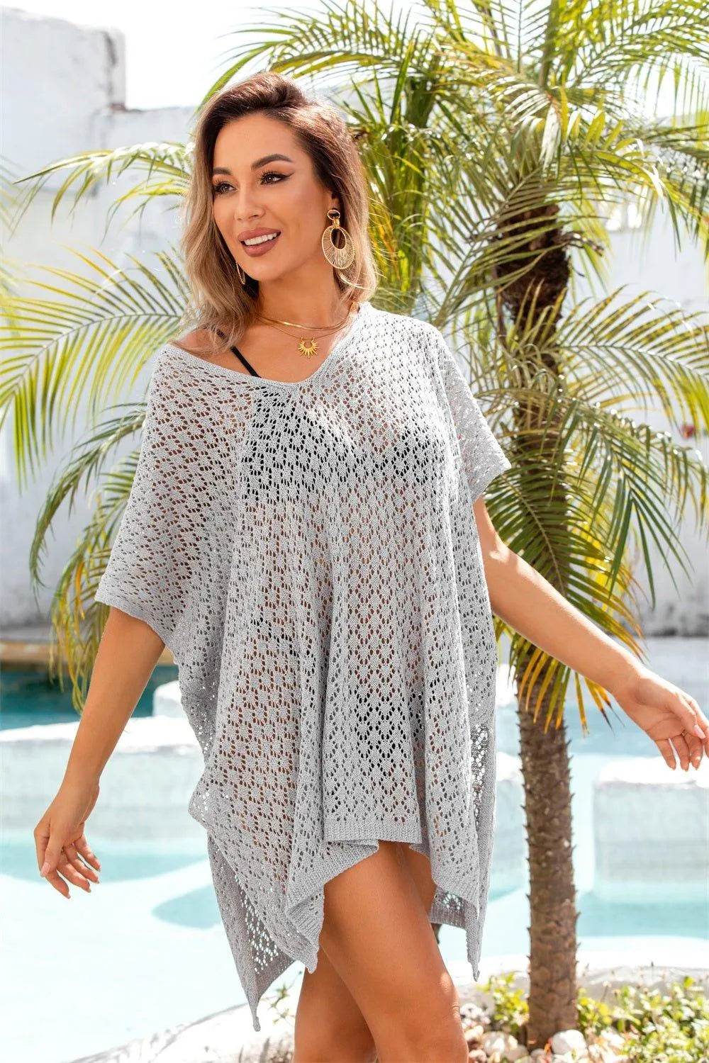 Bona Fide Fashion - Openwork Slit Scoop Neck Cover Up - Women Fashion - Bona Fide Fashion