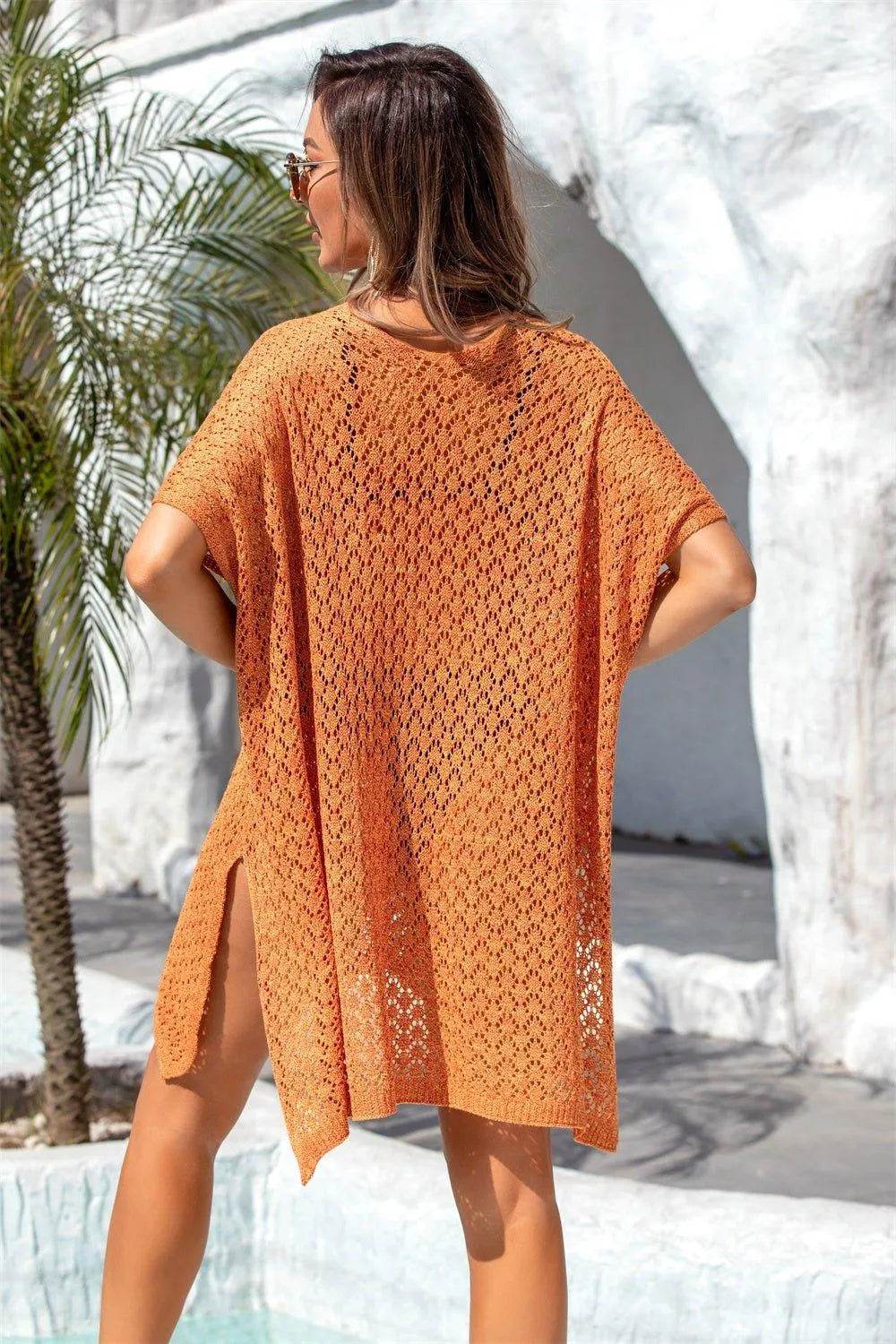 Bona Fide Fashion - Openwork Slit Scoop Neck Cover Up - Women Fashion - Bona Fide Fashion
