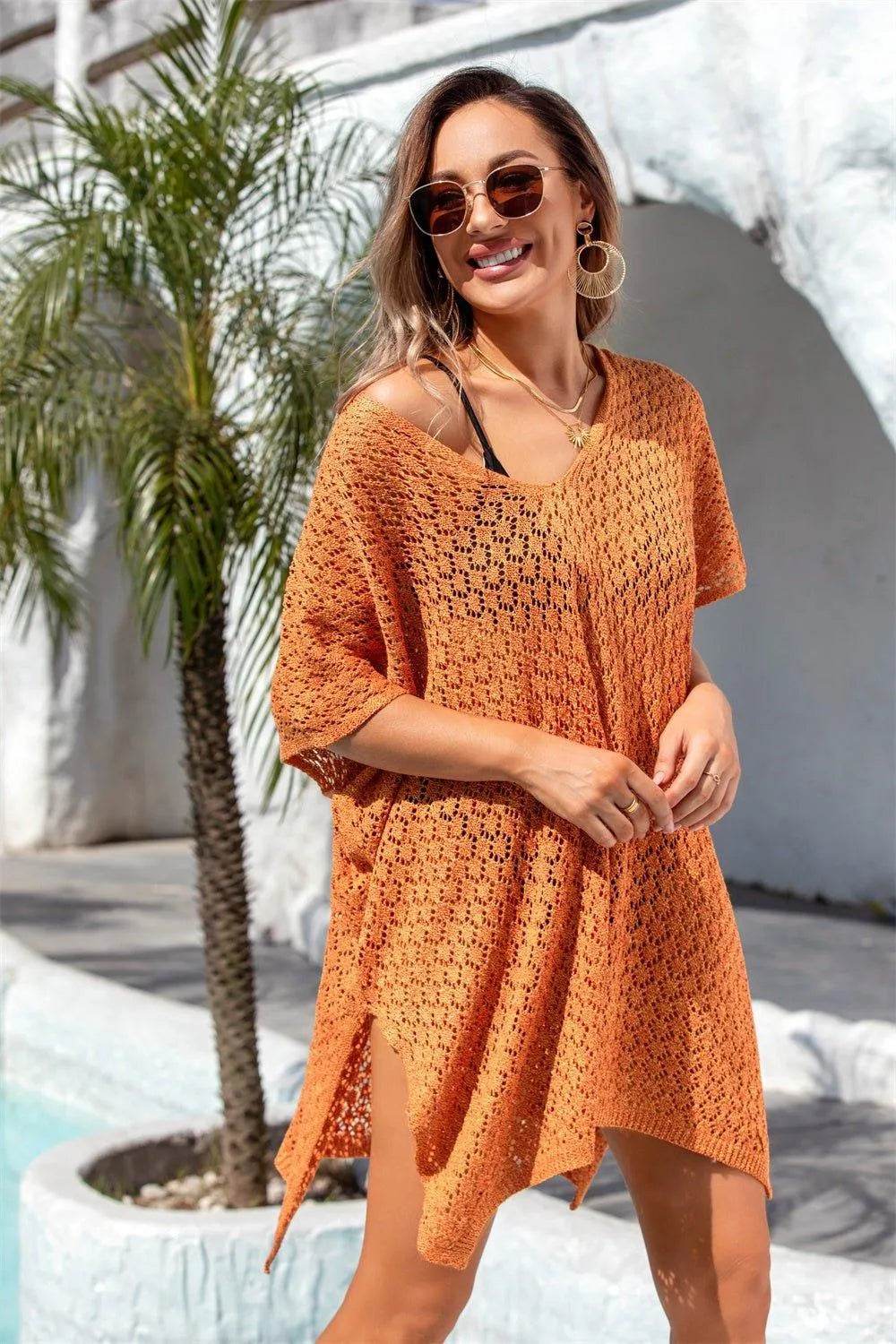 Bona Fide Fashion - Openwork Slit Scoop Neck Cover Up - Women Fashion - Bona Fide Fashion