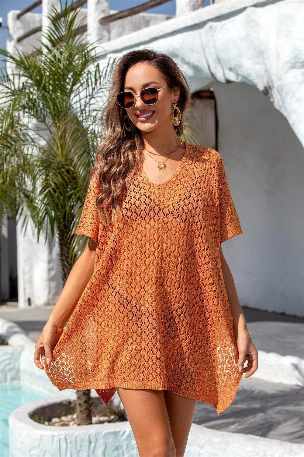 Bona Fide Fashion - Openwork Slit Scoop Neck Cover Up - Women Fashion - Bona Fide Fashion