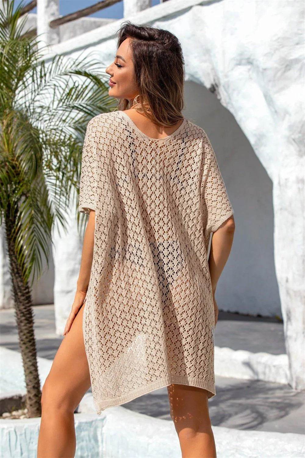 Bona Fide Fashion - Openwork Slit Scoop Neck Cover Up - Women Fashion - Bona Fide Fashion
