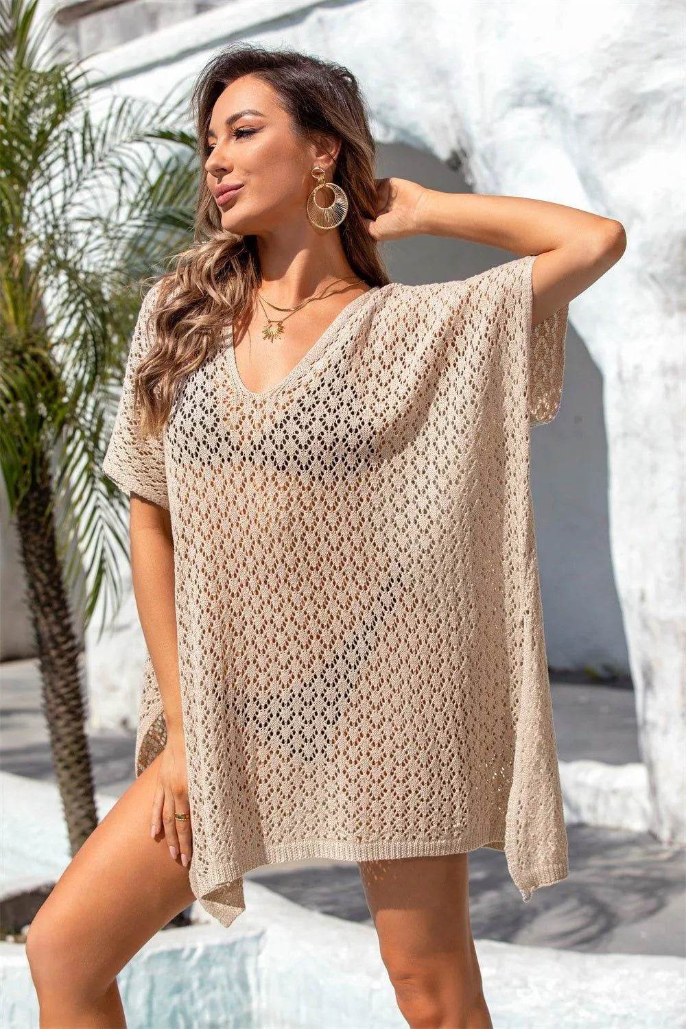 Bona Fide Fashion - Openwork Slit Scoop Neck Cover Up - Women Fashion - Bona Fide Fashion