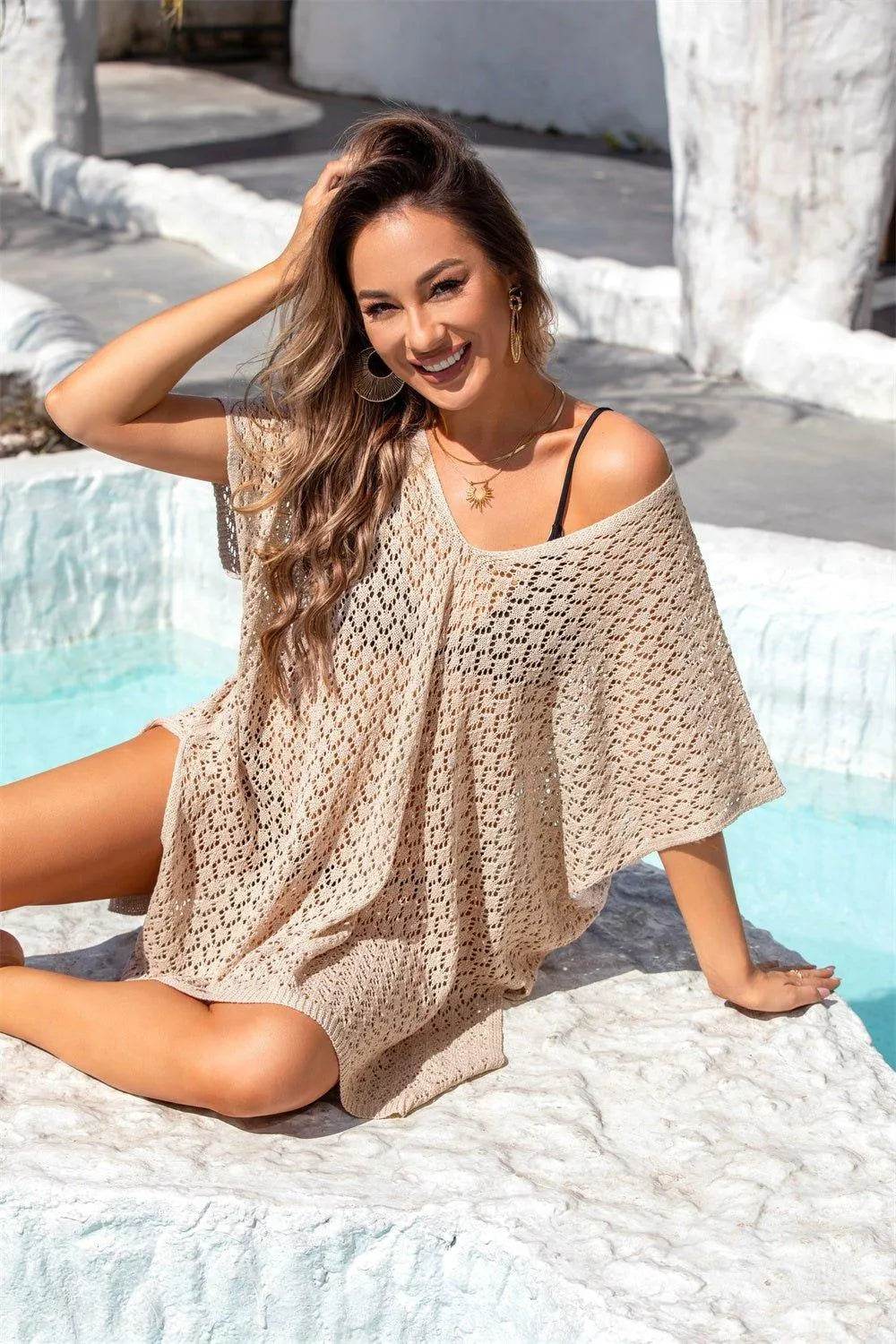 Bona Fide Fashion - Openwork Slit Scoop Neck Cover Up - Women Fashion - Bona Fide Fashion