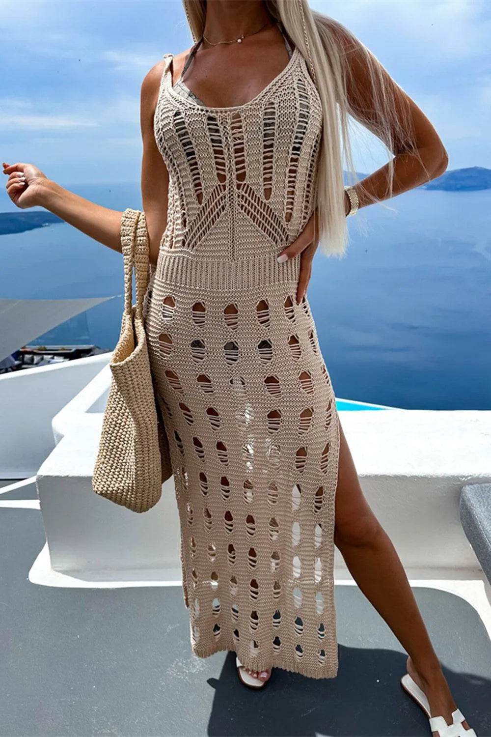 Bona Fide Fashion - Openwork Slit Scoop Neck Sleeveless Cover Up - Women Fashion - Bona Fide Fashion