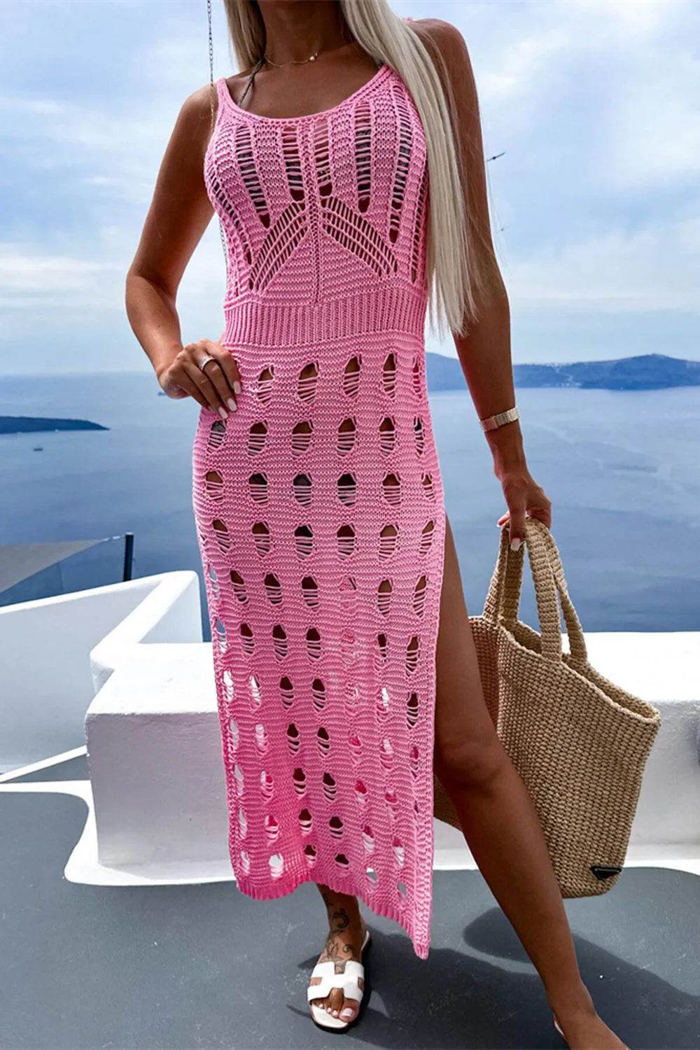 Bona Fide Fashion - Openwork Slit Scoop Neck Sleeveless Cover Up - Women Fashion - Bona Fide Fashion
