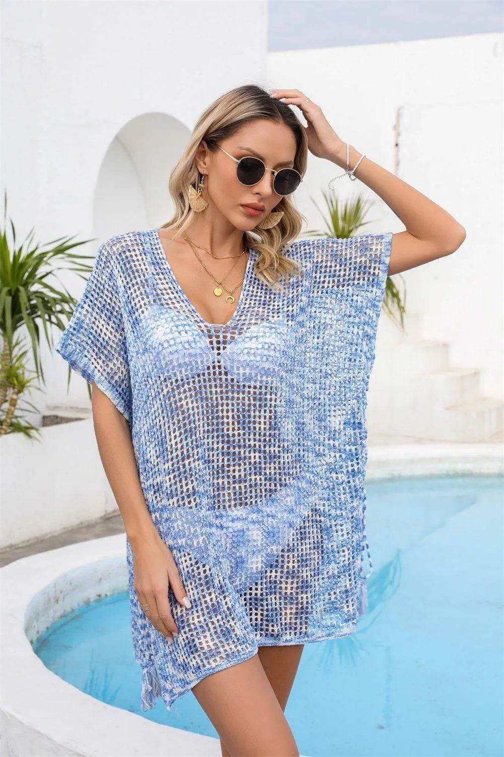 Bona Fide Fashion - Openwork Slit V-Neck Cover Up - Women Fashion - Bona Fide Fashion