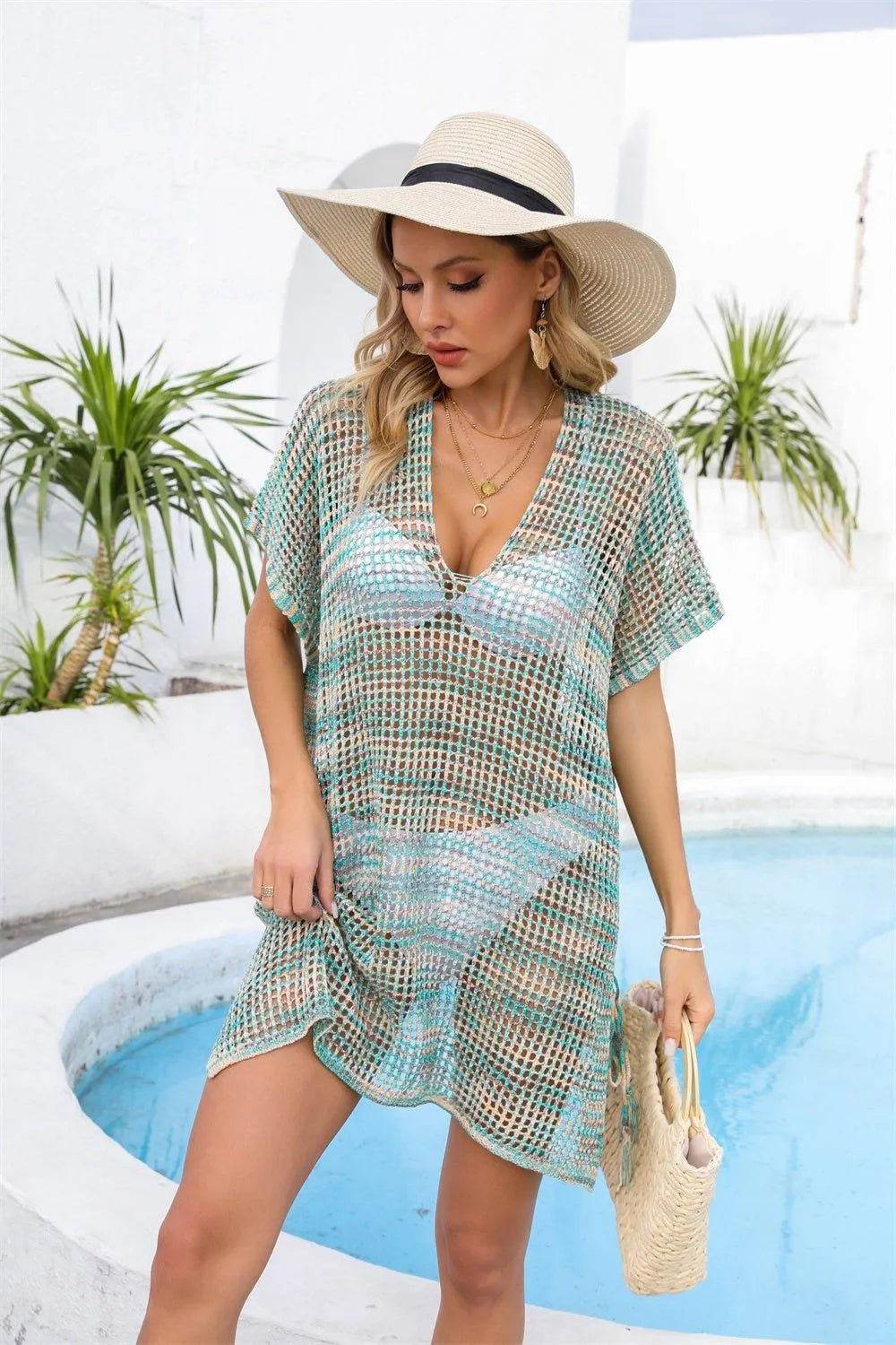 Bona Fide Fashion - Openwork Slit V-Neck Cover Up - Women Fashion - Bona Fide Fashion