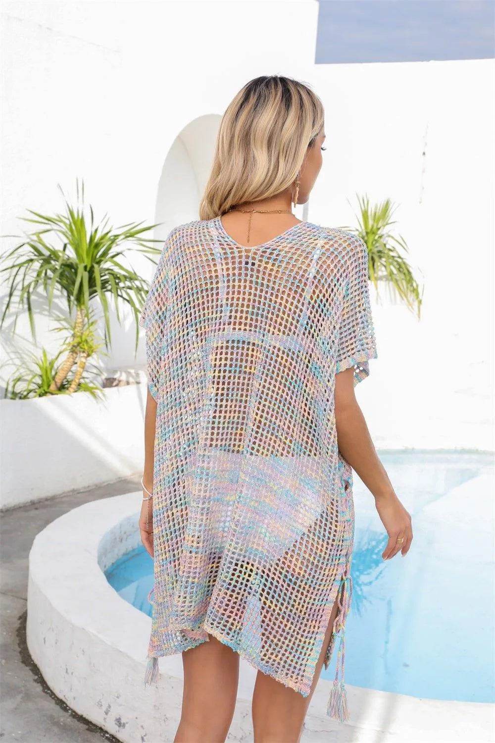 Bona Fide Fashion - Openwork Slit V-Neck Cover Up - Women Fashion - Bona Fide Fashion
