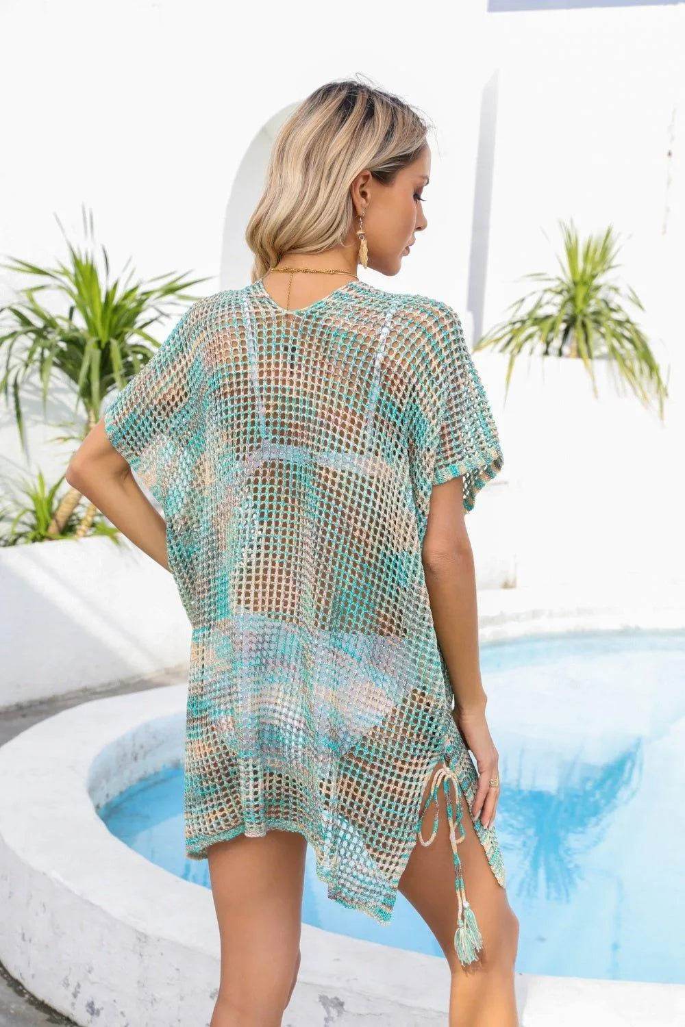 Bona Fide Fashion - Openwork Slit V-Neck Cover Up - Women Fashion - Bona Fide Fashion