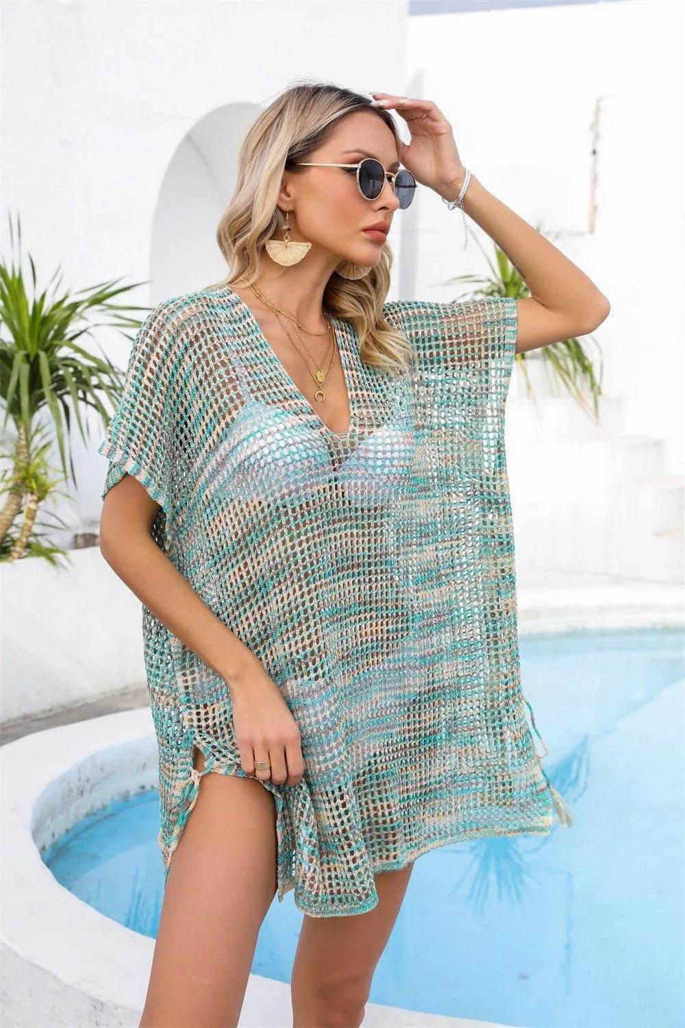 Bona Fide Fashion - Openwork Slit V-Neck Cover Up - Women Fashion - Bona Fide Fashion