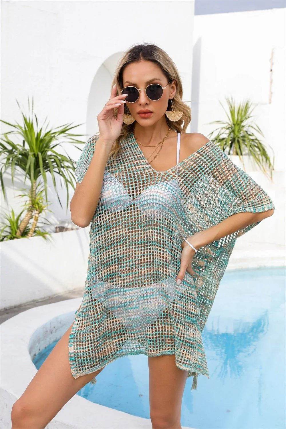 Bona Fide Fashion - Openwork Slit V-Neck Cover Up - Women Fashion - Bona Fide Fashion