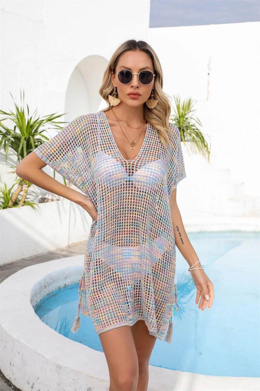 Bona Fide Fashion - Openwork Slit V-Neck Cover Up - Women Fashion - Bona Fide Fashion