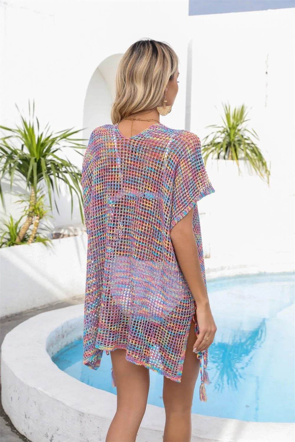 Bona Fide Fashion - Openwork Slit V-Neck Cover Up - Women Fashion - Bona Fide Fashion