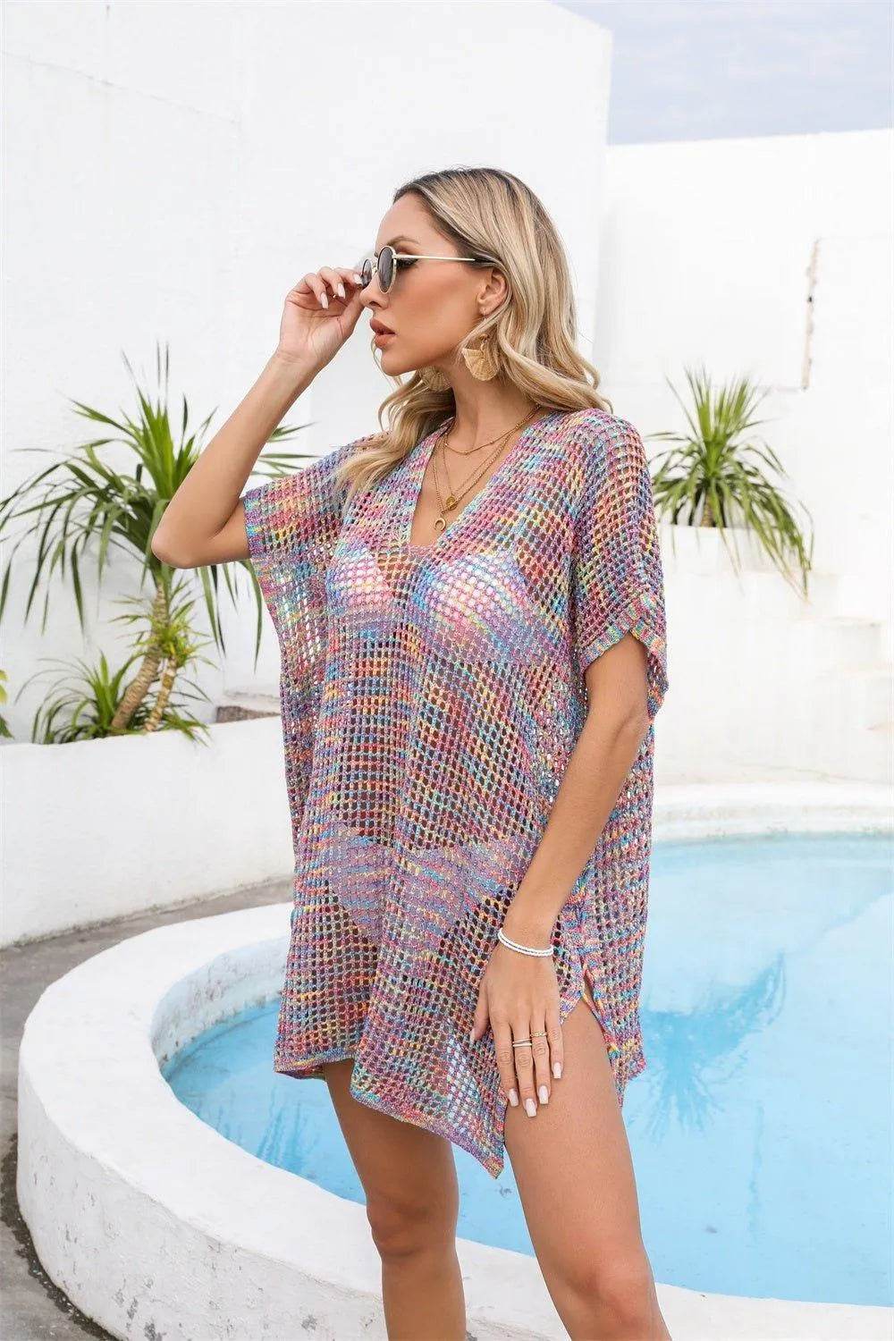 Bona Fide Fashion - Openwork Slit V-Neck Cover Up - Women Fashion - Bona Fide Fashion