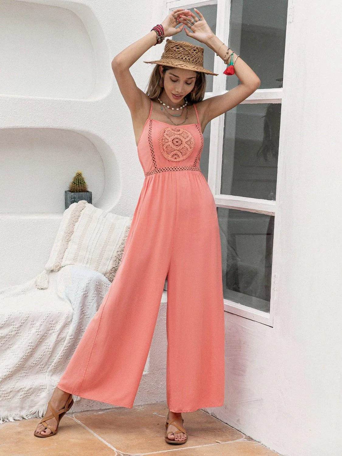 Bona Fide Fashion - Openwork Spaghetti Strap Wide Leg Jumpsuit - Women Fashion - Bona Fide Fashion