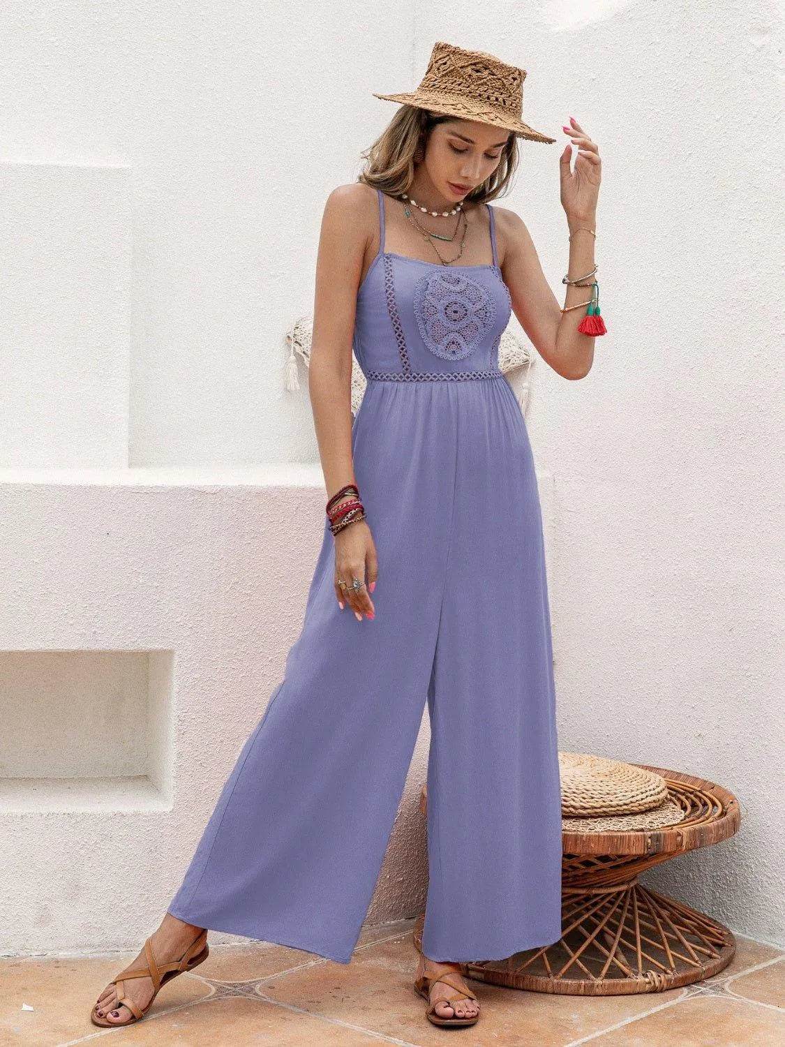 Bona Fide Fashion - Openwork Spaghetti Strap Wide Leg Jumpsuit - Women Fashion - Bona Fide Fashion