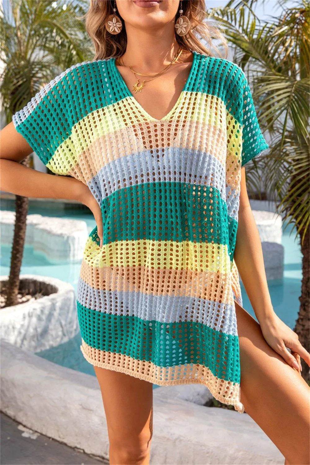 Bona Fide Fashion - Openwork Striped V-Neck Short Sleeve Cover Up - Women Fashion - Bona Fide Fashion