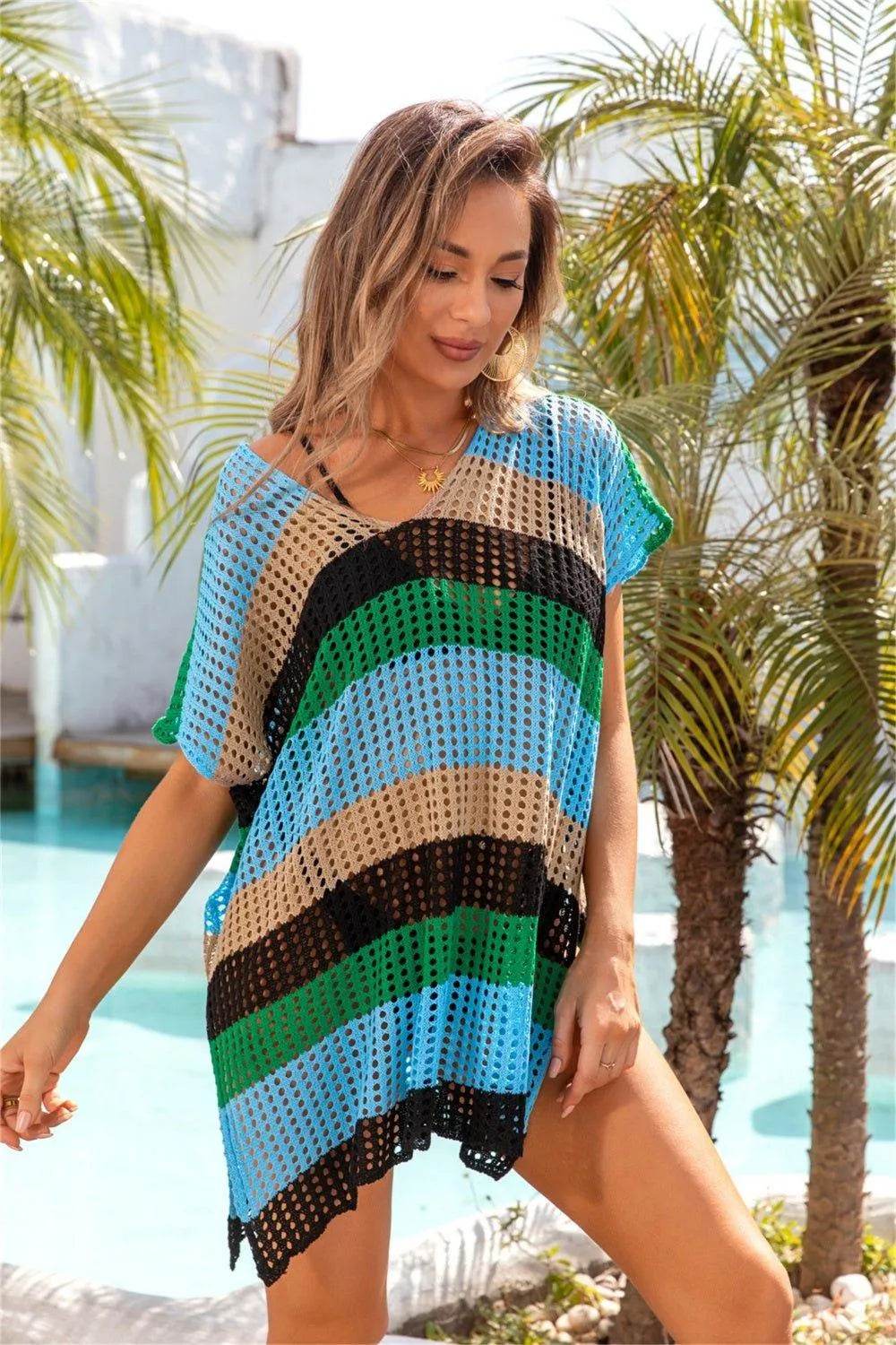 Bona Fide Fashion - Openwork Striped V-Neck Short Sleeve Cover Up - Women Fashion - Bona Fide Fashion