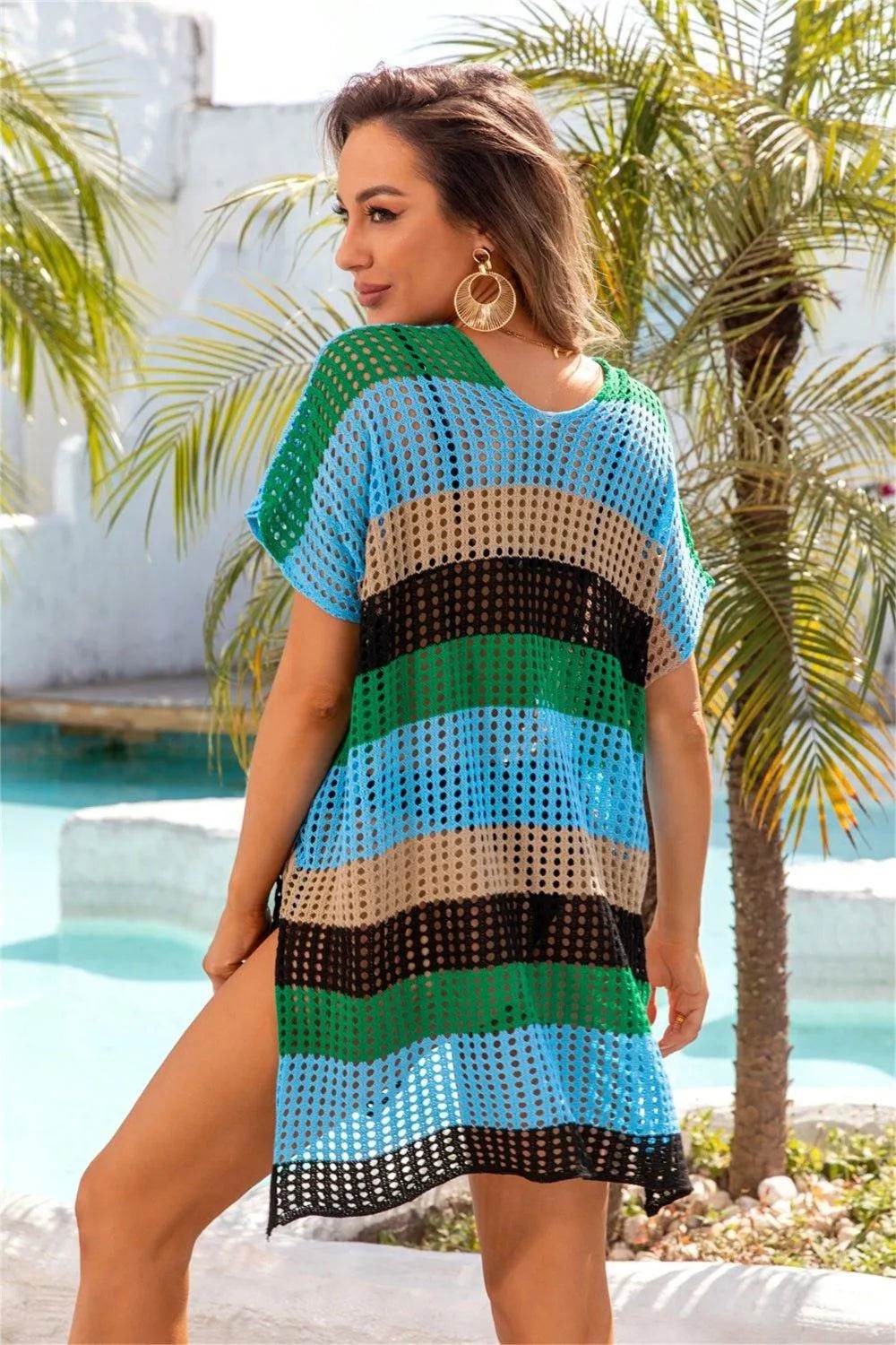 Bona Fide Fashion - Openwork Striped V-Neck Short Sleeve Cover Up - Women Fashion - Bona Fide Fashion