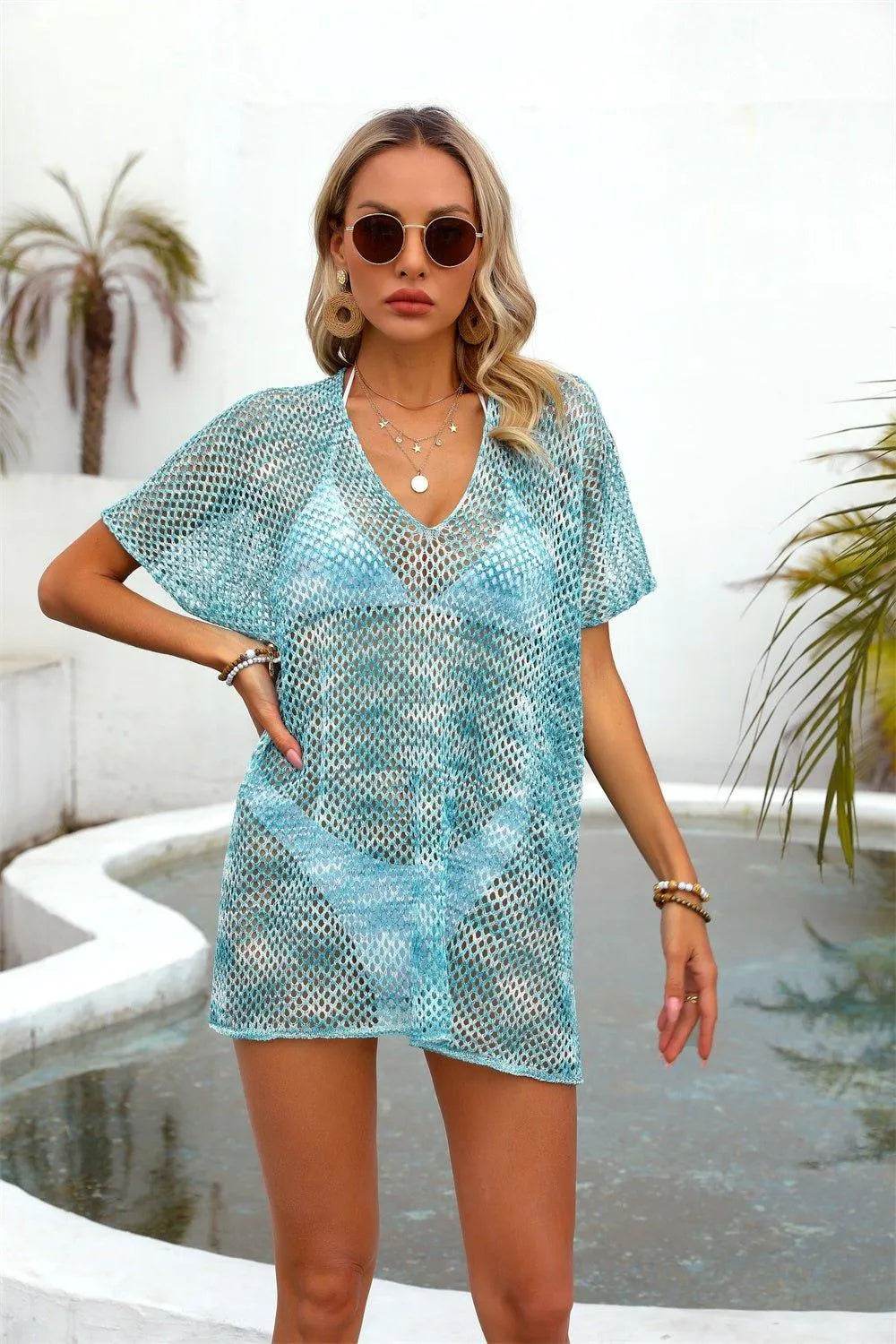 Bona Fide Fashion - Openwork V-Neck Half Sleeve Cover Up - Women Fashion - Bona Fide Fashion