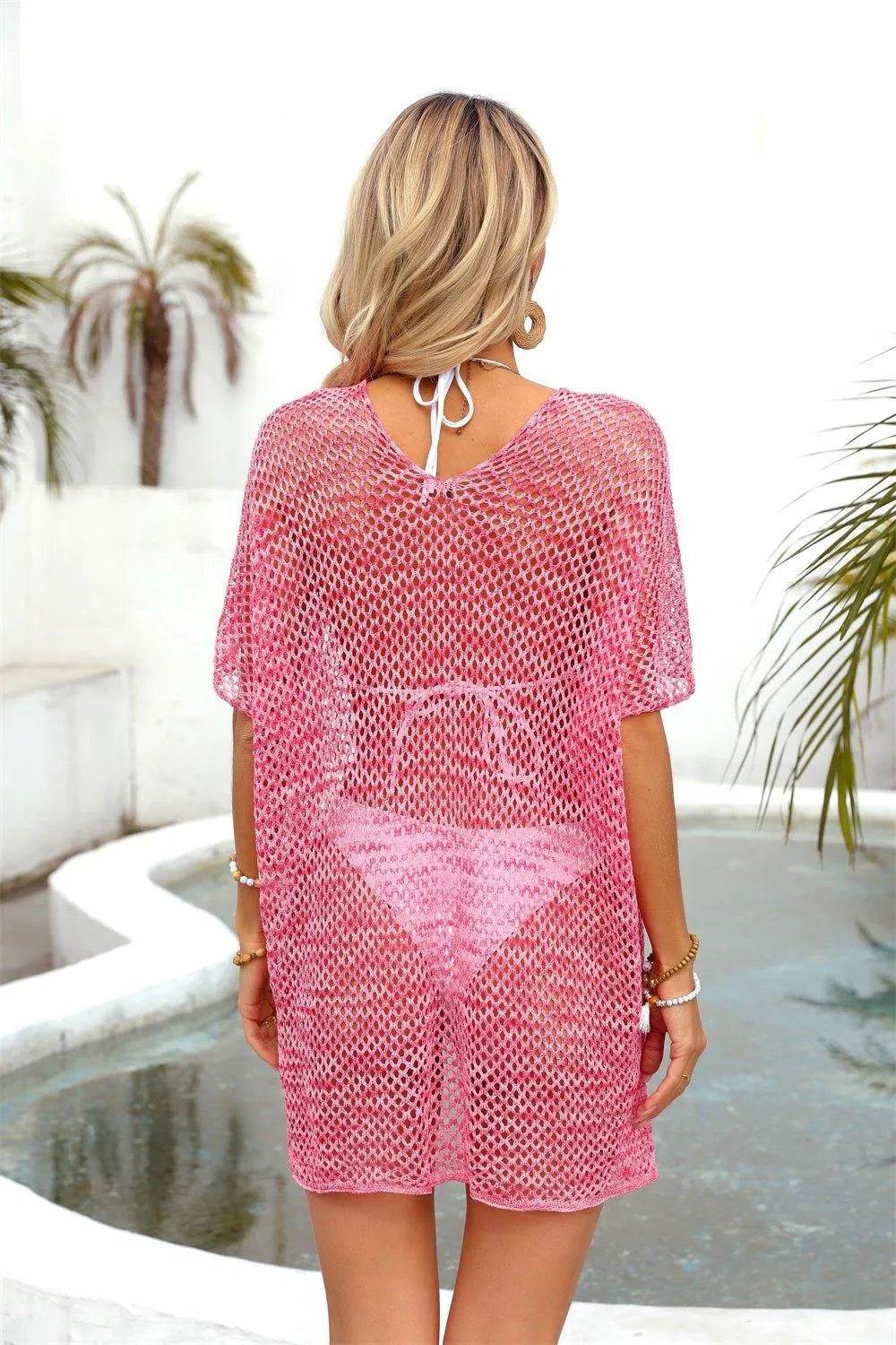 Bona Fide Fashion - Openwork V-Neck Half Sleeve Cover Up - Women Fashion - Bona Fide Fashion