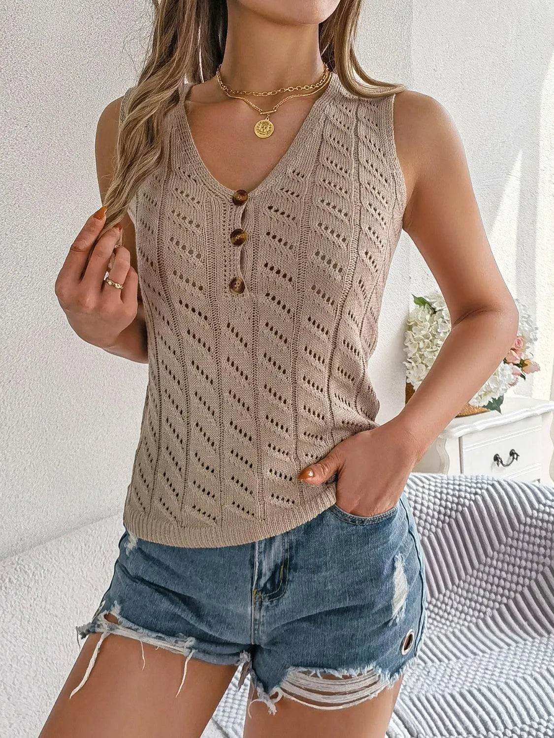 Bona Fide Fashion - Openwork V-Neck Knit Vest - Women Fashion - Bona Fide Fashion