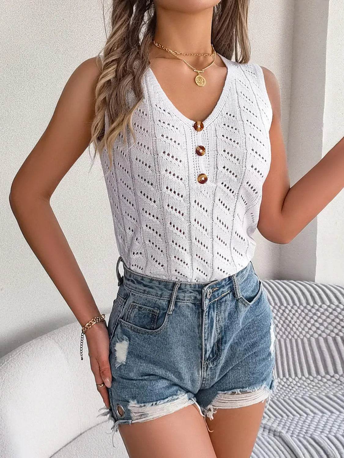 Bona Fide Fashion - Openwork V-Neck Knit Vest - Women Fashion - Bona Fide Fashion